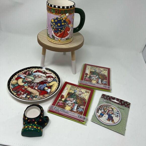 MARY ENGELBREIT Christmas Bundle Mug Plate Tea Light Holder 12 Cards Magnet Lot - Picture 1 of 13